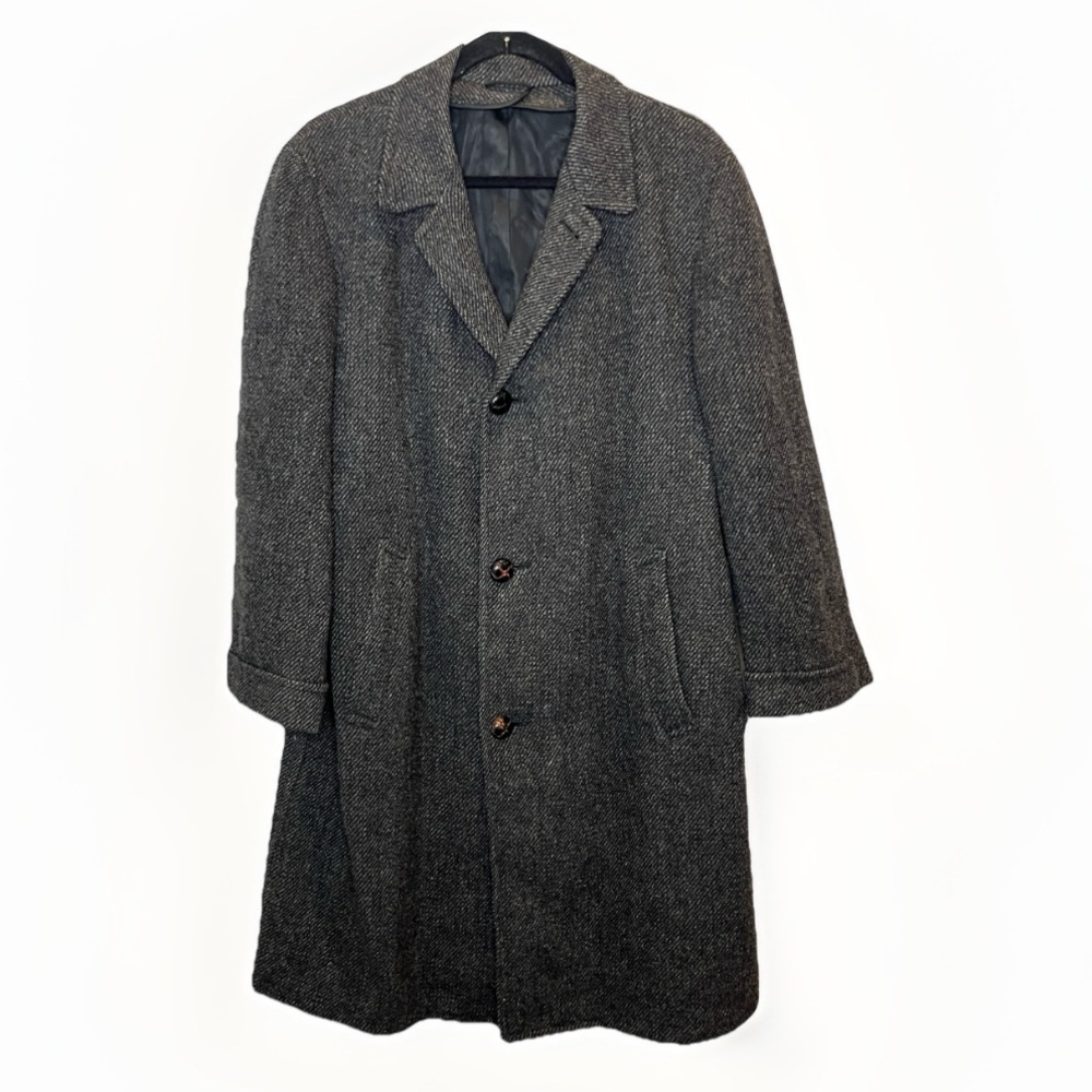 Harris Tweed Mens 40 Long Coat Overcoat Charcoal Gray Vintage Scottish Wool